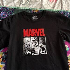 Marvel Black Tee with Red Logo and Comic Panels
